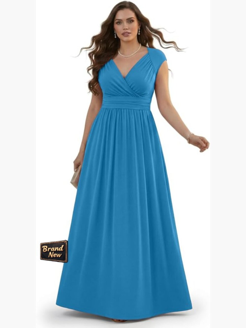 Flowy Cap Sleeve Maxi Dress Elegant Formal Bridesmaid Gown Plus Size V-Neck